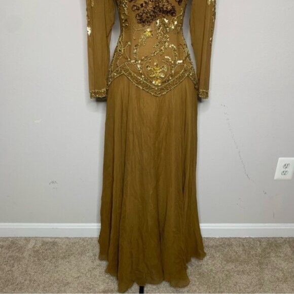 Isabella Vintage Silk Golden Sequin Beaded Embellished Evening Gown - Picture 13 of 16